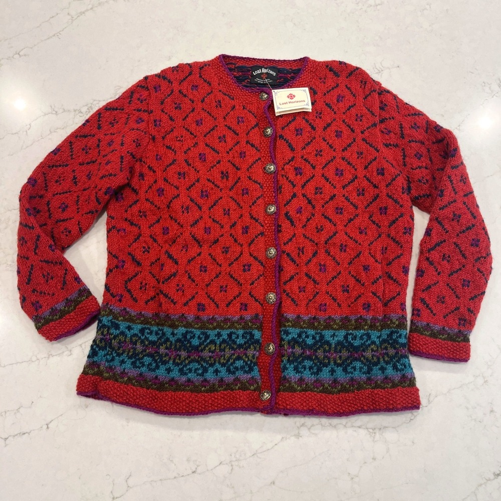 Lost Horizons Nepal NEW Cardigan Sweater Womens L Red Wool Hand Knit Pockets